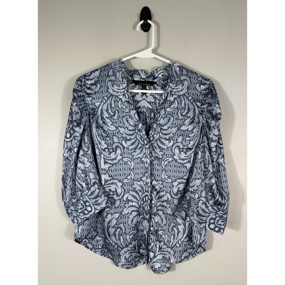 White House Black Market Top Womens 8 Blue Paisley Satin Button Up 3/4 Sleeves